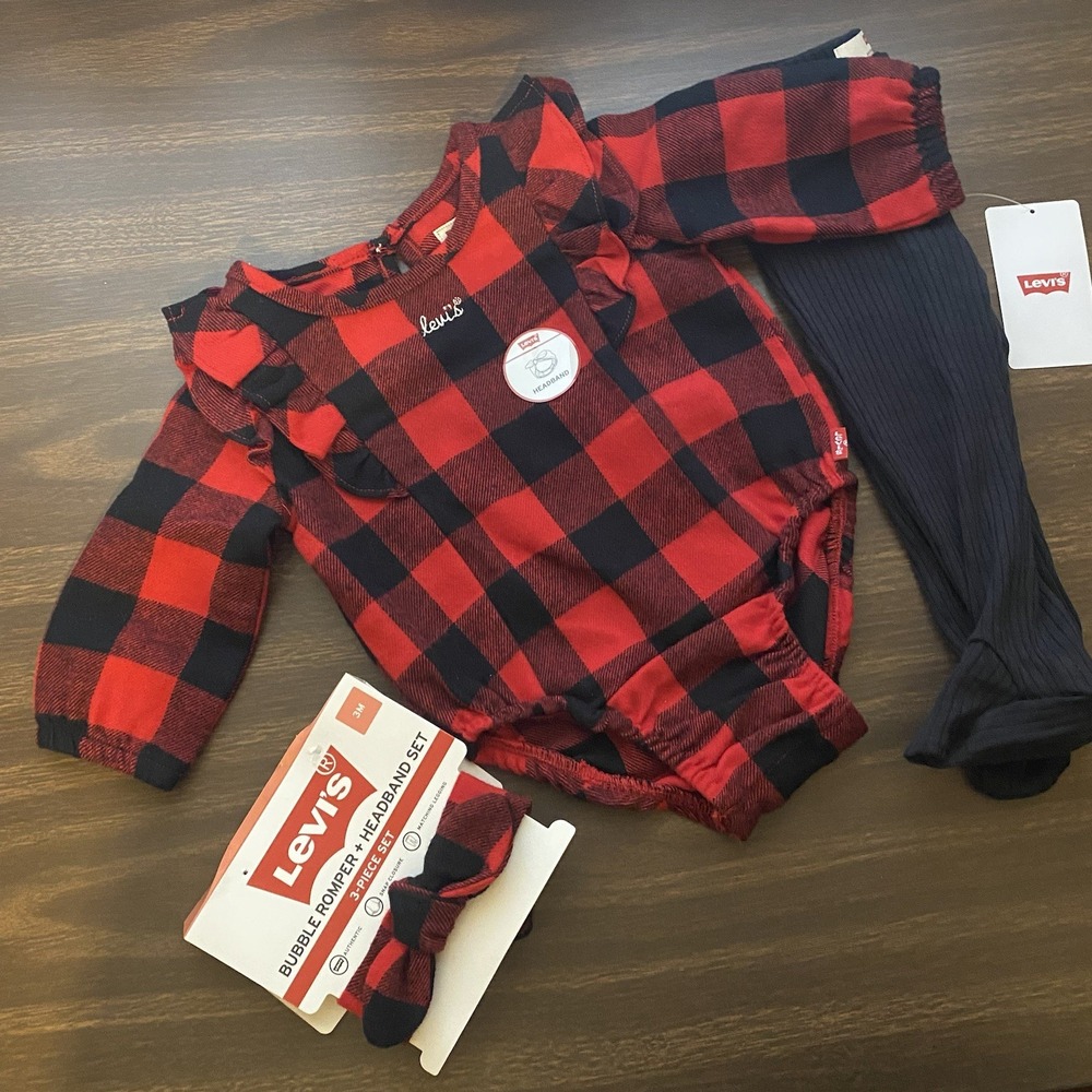 NWT Levi's Buffalo Plaid Flannel Romper Set 3 pc Tights Headband 3 months Baby